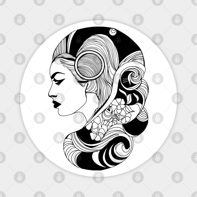 Black and white design of a woman wearing her hair as a cascade in the shape of a shell with flowers Magnet by jen28